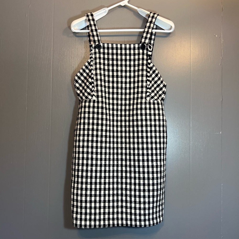Francescas NWT Gingham Tweed Plaid Pinafore Bohme Overall Jumper Mini Dress Sz S